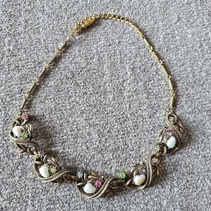 1960s Coro Necklace Gold Tone Faux Pearl Crystals Rhinestone 16.5" Adjustable